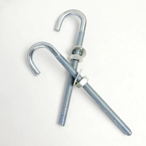 Two zinc-plated J-bolts with nuts and washers, part of the Ten Pcs Zinc Plated J Bolts One Quarter Inch By Four Inch With Nuts And Washers.