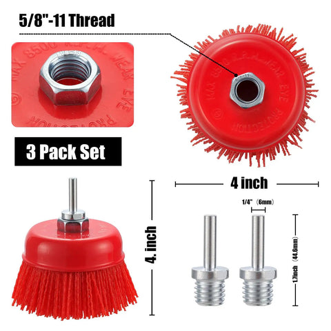 4 Inch Nylon Filament Cup Brush Set, 3 Pack With 5/8 Inch-11 Thread, coarse abrasive bristles for angle grinder and drill shank arbor.
