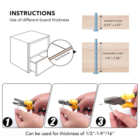 Installation instructions for Arch Cabinet Pulls 3 Inch Matte Black Solid Zinc Die Cast with board thickness guide and screwdriver usage.