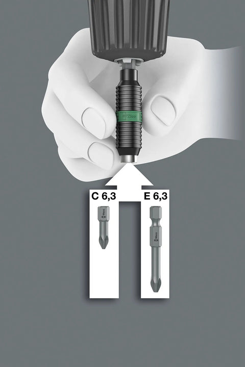 Hexagon 897 Four R SB BiTorsion Rapidaptor Universal Bit Holder For Quarter Inch Shank in hand, showing bit compatibility.