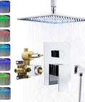 Colorful LED Rain Shower System With 10 Inch Overhead Ceiling Shower And Full Body Coverage Chrome Finish Faucet Set Sprayer Combo