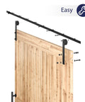 All In One Heavy Duty Sliding Barn Door Hardware Kit Features 11 Foot Track With Whisper Quiet Nylon Rollers For Rock Solid Reliability Smooth Silent Operation Dead Simple Install Durable Alloy Frame No Door Included Matte Black Finish showing installation parts and track.