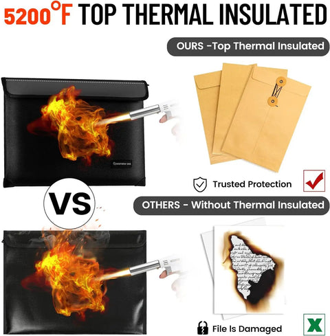 Comparison of Ultra Fireproof Document Bag With Zipper And Reflective Strip showing fire resistance against regular envelopes.