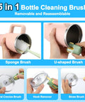 5 In 1 Bottle Cleaning Brush Set With Replaceable Heads And Straw Cleaners, shown cleaning cups and tumblers