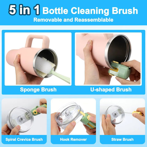 5 In 1 Bottle Cleaning Brush Set With Replaceable Heads And Straw Cleaners, shown cleaning cups and tumblers