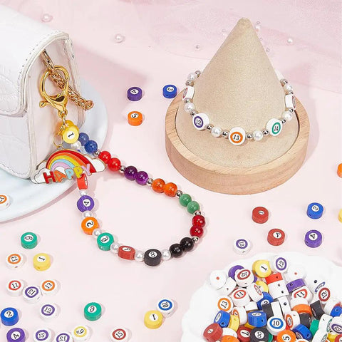 Colorful jewelry made with 200 Piece Billiard Ball Print Polymer Clay Beads Set for DIY necklaces and bracelets, unique mini craft beads