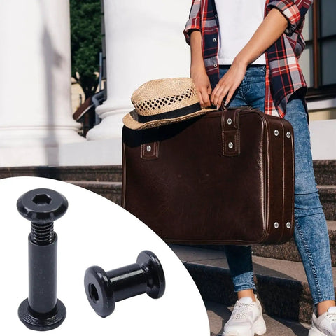 Dead Simple Stainless Steel Hex Drive Binding Post Screw Kit With Barrel Nuts And Allen Wrench For Furniture Assembly And Diy Projects Badass Heavy Duty Hardware with black screws beside a suitcase.