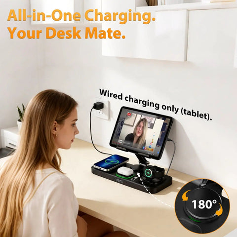 Person using 6 In 1 Wireless Charging Station For Apple Devices With Foldable Stand Clock Display And 7 Color Ambient Lights on desk.