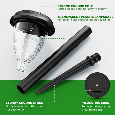Super Bright Solar Path Lights Outdoor Waterproof 10 Pack showing components like lamp, stake, and pole in focus