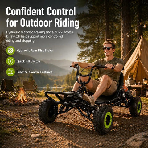 Person riding 63cc Gas Off Road Go Kart For Kids Teens And Adults With High Handlebar For Extra Legroom Padded Seat by a tent
