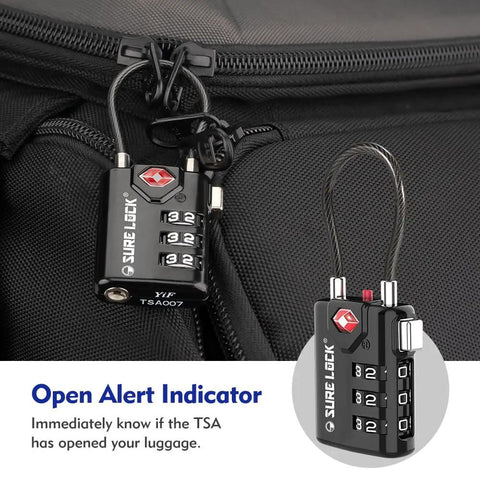 TSA Approved Beefy Luggage Locks With Open Alert Indicator, 3 Digit Combination Cable Travel Lock on suitcase zipper