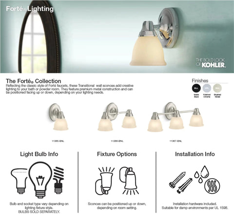 Forté Triple Sconce With Frosted Glass Shades, Damp Location Ready Brushed Nickel Finish, lighting guide with diagrams