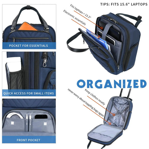 Underseat Carry On Luggage For Women, 16 Inch Lightweight Overnight Bag, navy, showing multiple pockets and compartments for organization