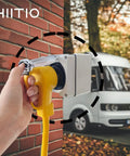 Built Legit For Any Adventure This Heavy Duty Nema 5-30R RV Power Outlet Box with yellow plug attached to brick wall.
