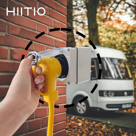 Built Legit For Any Adventure This Heavy Duty Nema 5-30R RV Power Outlet Box with yellow plug attached to brick wall.