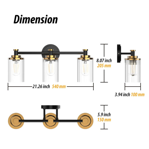 Dimensions of the Three Light Black Brass Vanity Fixture with Clear Striped Glass Shades E26 Base Mounts Over Mirror.