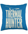 Thermal Soaring Glider Throw Pillow with sailplane design on blue background, ideal for sailplane enthusiasts and pilots.