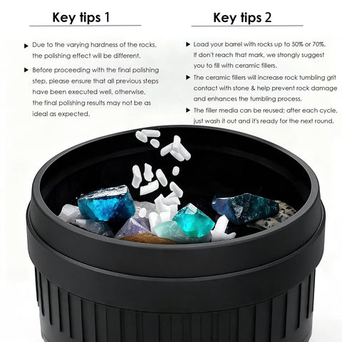 Four Pound Rock Tumbler Grit Kit with Silicon Carbide and Aluminum Oxide Grits in a black tumbler with colorful stones