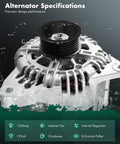 Beefed-Up 120 Amp Alternator Replacement For Hyundai Santa Fe 2.7L Tiburon 2.7L Tucson 2.7L 2005-2009 And Kia Optima 2.7L 2005-2006 Sportage 2.7L 2005-2010 Direct Fit OE Replacement With Long-Lasting Performance 11188 AVA0066 37300-37800 400-40016 showing specifications