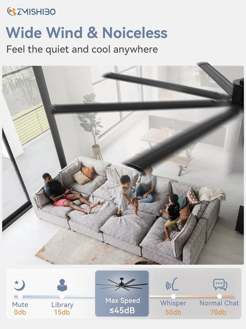 Massive 84 Inch Industrial Ceiling Fan With DC Motor, 8 Reversible Aluminum Blades, in a living room setting, overhead view.