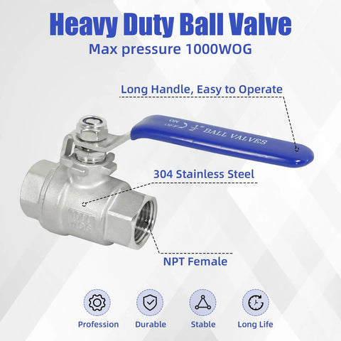 2 Pack One Half Inch Stainless Steel Ball Valve 304 Full Port NPT Female Beefy Heavy Duty Shut Off Valves With Blue Locking Handles For Water Oil And Gas 1000 WOG