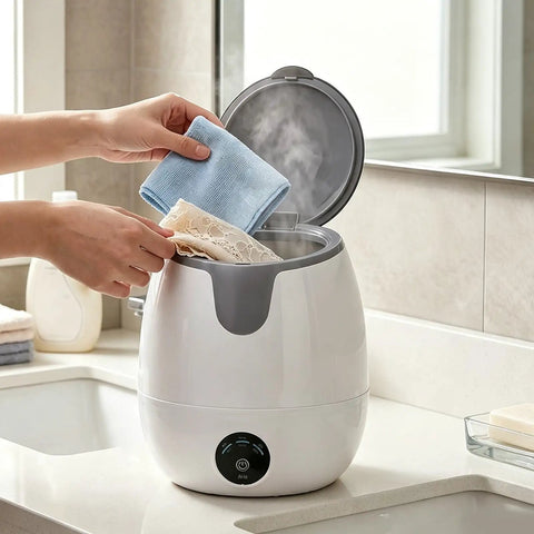 Level Up Your Laundry Routine With This Lowkey Essential 13L Mini Underwear Washing Machine For Socks And Baby Garments Hygienic Desk Sanitary Spin Dryer Safe Gentle Touch Zero Hassle with hands placing delicates inside.