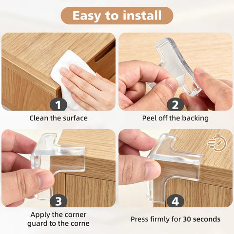 Tough As Nails Table Corner Guards 8 Pack Giant T Shaped Corner Protectors For Baby installation steps on a wooden table.