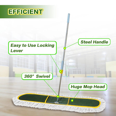 Heavy Duty Commercial Dust Mop For Hardwood Floors With Two Reusable Cotton Yarn Heads And Telescopic Stainless Steel Handle for easy maneuvering.