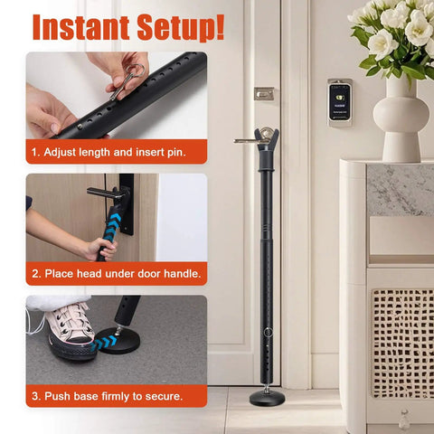 Beefed Up Heavy Duty Door Security Bar With Upgraded Anti Slip Base 28 To 52 Inches Adjustable Barricade Jammer installed on door