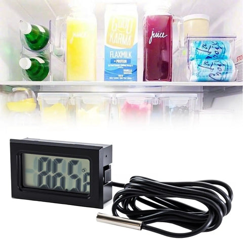 Five Piece Digital LCD Fridge Thermometer Set With Probes Fahrenheit Only Water Temperature Monitoring Minus 50F To 230F Range Easy Readout Kitchen Gadget For Your Fridge At Home in front of open fridge