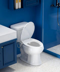Elongated Bidet Toilet Seat With Adjustable Water Pressure Self Cleaning Nozzles on standard porcelain bowl in modern bathroom.