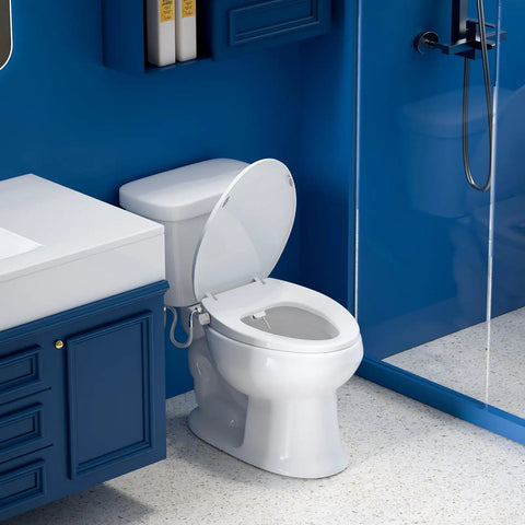Elongated Bidet Toilet Seat With Adjustable Water Pressure Self Cleaning Nozzles on standard porcelain bowl in modern bathroom.