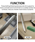 SCOTTCHEN mini buffing kit, 3-pack green fine/white medium/red coarse; before/after metal polishing with green block.