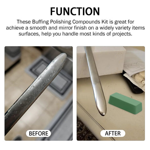 SCOTTCHEN mini buffing kit, 3-pack green fine/white medium/red coarse; before/after metal polishing with green block.