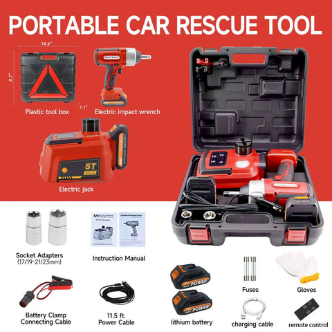 5 Ton Cordless Electric Car Jack Kit With 21V Battery And 4.0Ah Pack, Remote Control Hydraulic Lift contents and accessories