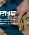 Green Pacific Handy Cutter S4R safety knife with retractable blade cutting cardboard.