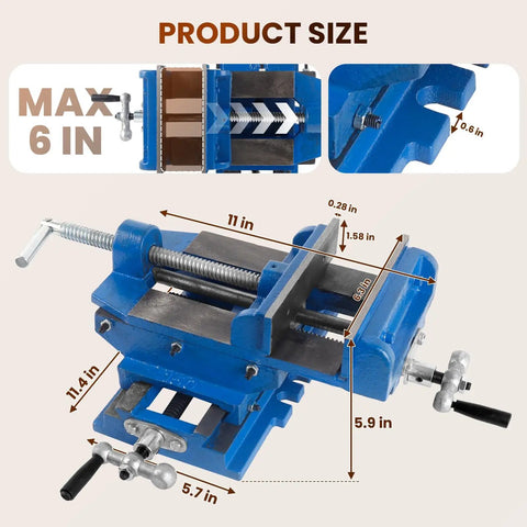 Heavy Duty 6 Inch Cross Slide Drill Press Vise With 9.4 Inch X Axis And 8.0 Inch Y Axis Travel Precision Scale displayed with size measurements.