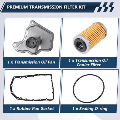 Direct Fit CVT Transmission Filter Kit For Nissan Pathfinder Murano Maxima 3.5L V6 2016-2024 And Infiniti QX60 3.5L Altima 2.5L 3.5L Replacement OE 31728-29X0A 31728-29X0B Easy Install Durable Service Kit For Smooth Shifting, featuring oil pan, filter, gasket, and o-ring.