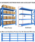 Hella Sturdy 4 Tier Metal Shelving Unit Boltless Heavy Duty Storage Rack Built For Garage Workshop Setup Features Big Time Reinforced Steel Shelves For Tools showing main and auxiliary frames for storage.