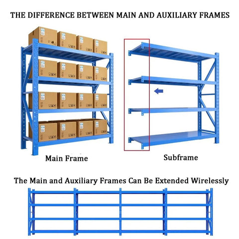 Hella Sturdy 4 Tier Metal Shelving Unit Boltless Heavy Duty Storage Rack Built For Garage Workshop Setup Features Big Time Reinforced Steel Shelves For Tools showing main and auxiliary frames for storage.
