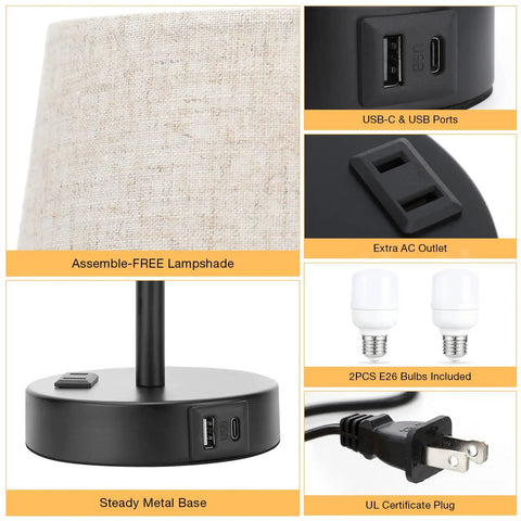 Set Of 2 Dimmable Touch Bedside Lamps With USB C And AC Outlet Charging Station features and accessories close-up