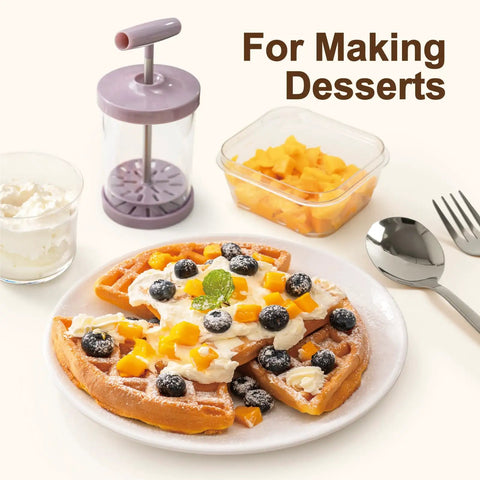 Handheld Manual Whipping Cream Dispenser No Battery Needed For Quick Whipped Cream In 60 Seconds Non Slip Silicone Base Professional Cream Maker For Desserts Coffee Milk Froth Purple next to waffles with cream and fruit