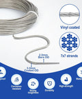 One Eighth Inch Wire Rope Kit With 100 Ft Vinyl Coated Stainless Cable, 7x7 Strand Detail, Rustproof, Corrosion-resistant Features