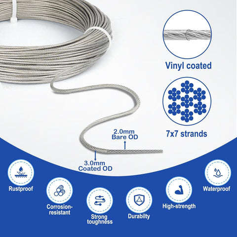 One Eighth Inch Wire Rope Kit With 100 Ft Vinyl Coated Stainless Cable, 7x7 Strand Detail, Rustproof, Corrosion-resistant Features