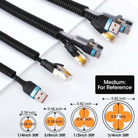 Split Wire Loom Kit 1/4 To 3/4 Inch, 30 Ft Black Flexible Conduit with cables, size chart for automotive electrical cable sleeves.