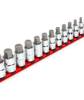 Half Inch Drive Hex Bit Socket Set With Case, 24-Piece Kit on a red organizer, showcasing multiple sockets in various sizes.