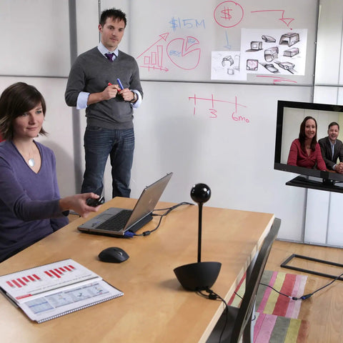 All In One Desktop Video Conference Webcam With Carl Zeiss 1080p Hd Lens And Full Duplex Speakerphone in a meeting room setup.