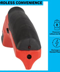 Professional Rechargeable Cordless Electric Scissors Featuring Quick Change Blades For Fabric Leather Cardboard Paper And Crafting Easy One Hand Grip Delivers Sweet Cuts Without Breaking A Sweat Glossy Red close-up view of the handle showing battery and charging ports.