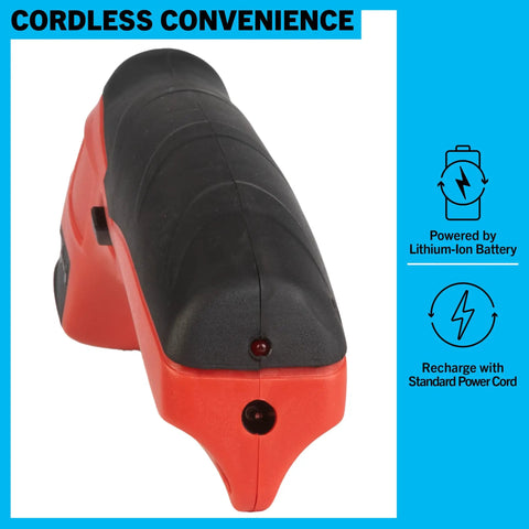 Professional Rechargeable Cordless Electric Scissors Featuring Quick Change Blades For Fabric Leather Cardboard Paper And Crafting Easy One Hand Grip Delivers Sweet Cuts Without Breaking A Sweat Glossy Red close-up view of the handle showing battery and charging ports.