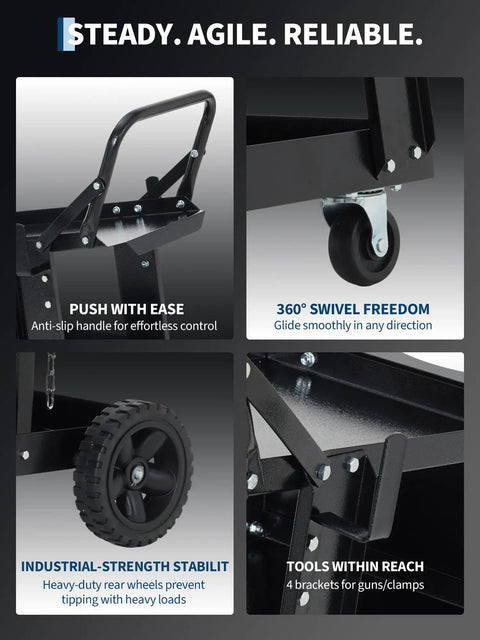 Beefy 3 Tier Welding Cart With 360 Degree Swivel Wheels, Tank Storage And Safety Chains showing handle, swivel, wheels, brackets